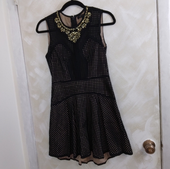 Size 2 BCBGMaxAzria Black and Nude Eyelet Dress Rhinestone Jeweled neckline - Picture 1 of 13